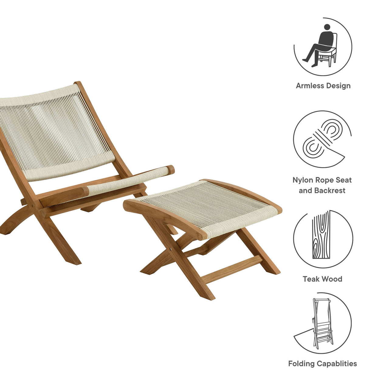 Alvierra 2-Piece Alfresco Teak and Rope Folding Accent Lounge Chair and Ottoman Set, Natural Wood