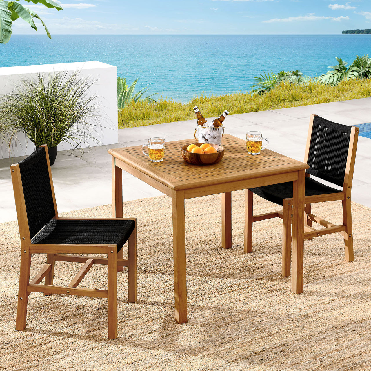 Alvierra 3-Piece Alfresco Teak and Rope Dining Set with Armless Chiars, Natural Wood & Black