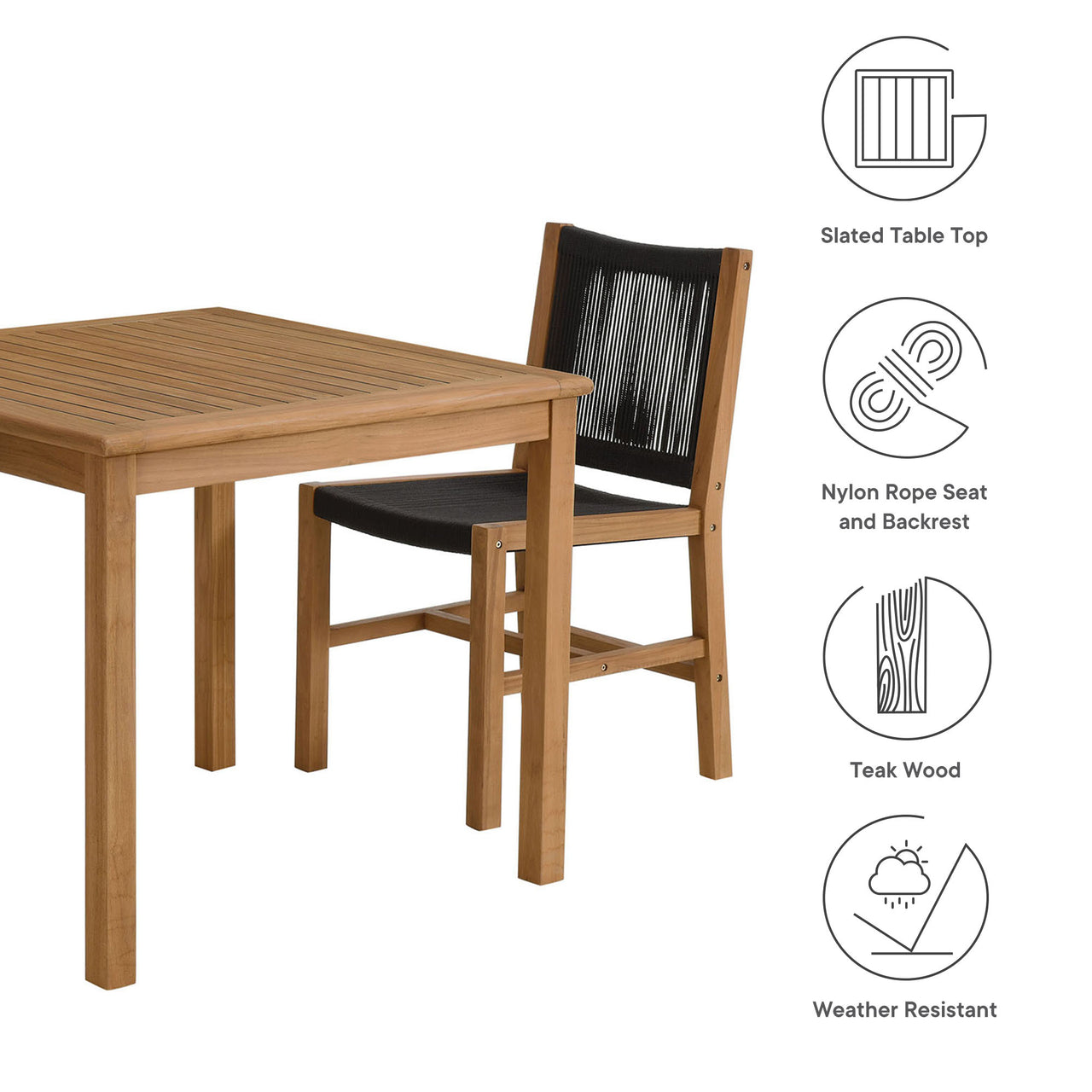 Alvierra 3-Piece Alfresco Teak and Rope Dining Set with Armless Chiars, Natural Wood & Black