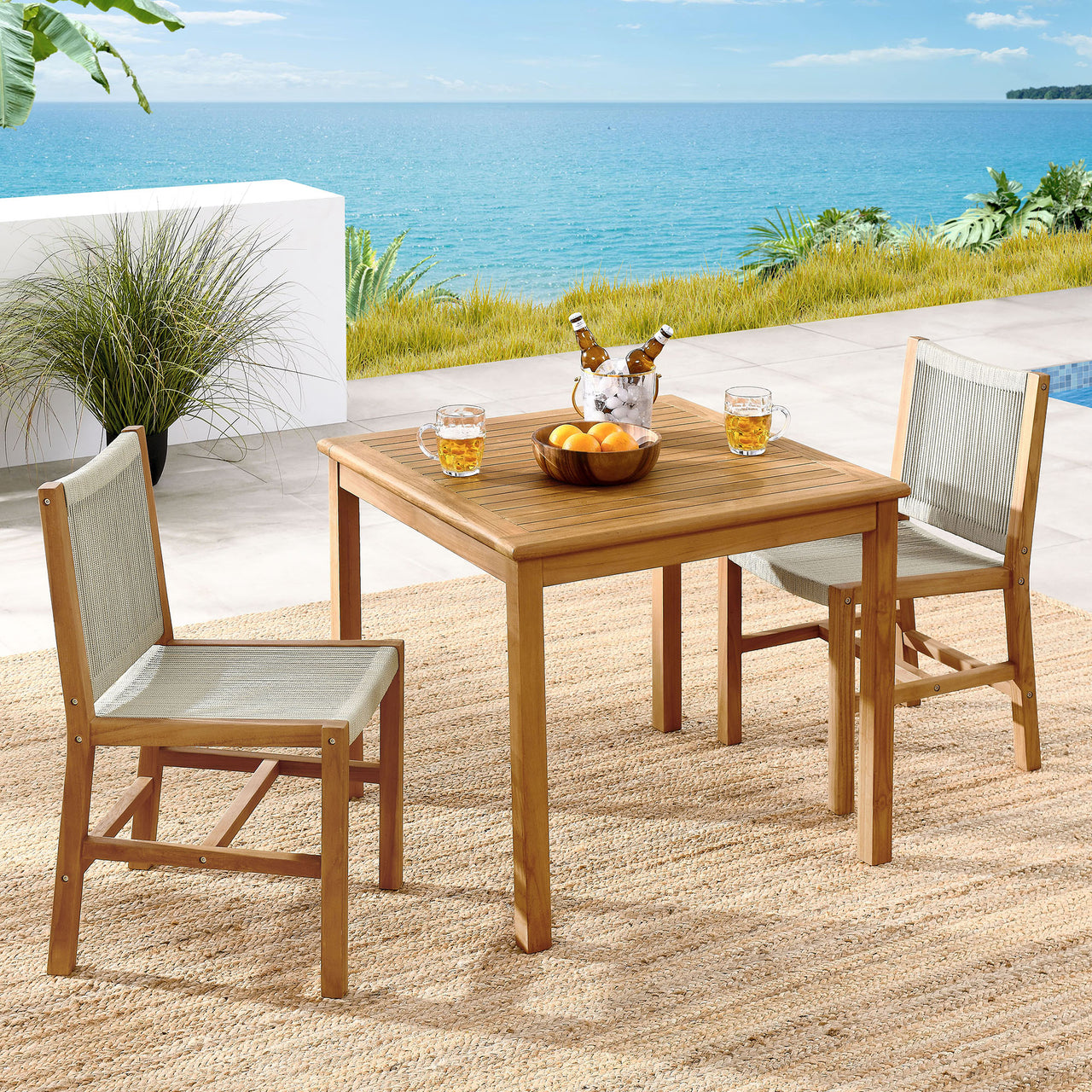 Alvierra 3-Piece Alfresco Teak and Rope Dining Set with Armless Chiars, Natural Wood