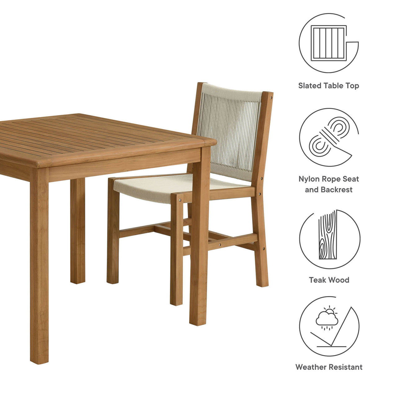 Alvierra 3-Piece Alfresco Teak and Rope Dining Set with Armless Chiars, Natural Wood