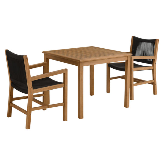 Alvierra 3-Piece Alfresco Teak and Rope Dining Set with Armchairs, Natural Wood & Black