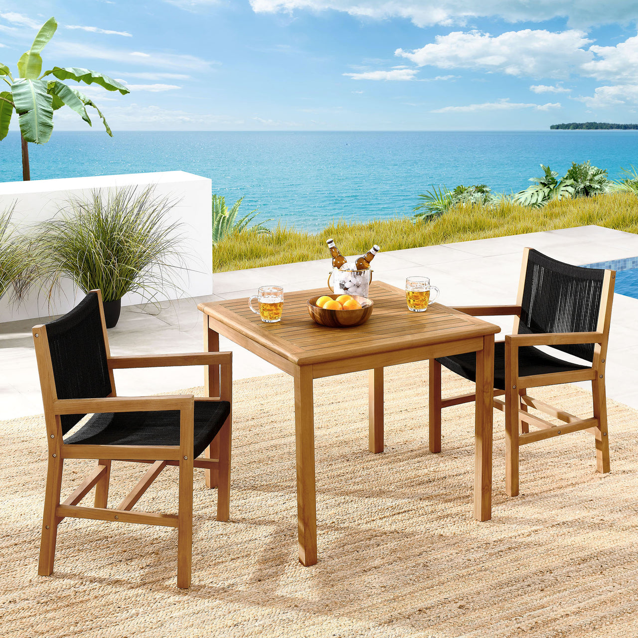 Alvierra 3-Piece Alfresco Teak and Rope Dining Set with Armchairs, Natural Wood & Black