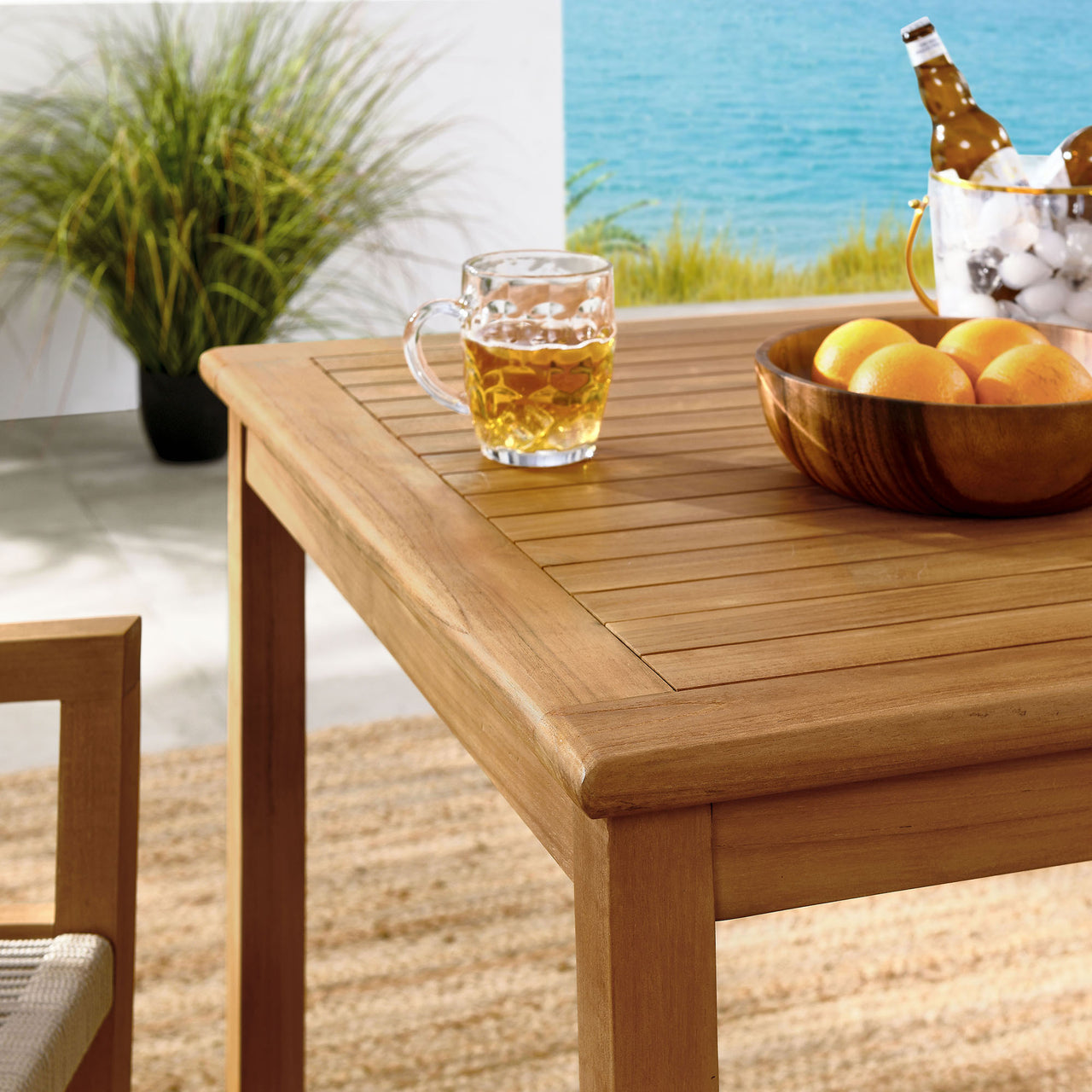 Alvierra 3-Piece Alfresco Teak and Rope Dining Set with Armchairs, Natural Wood