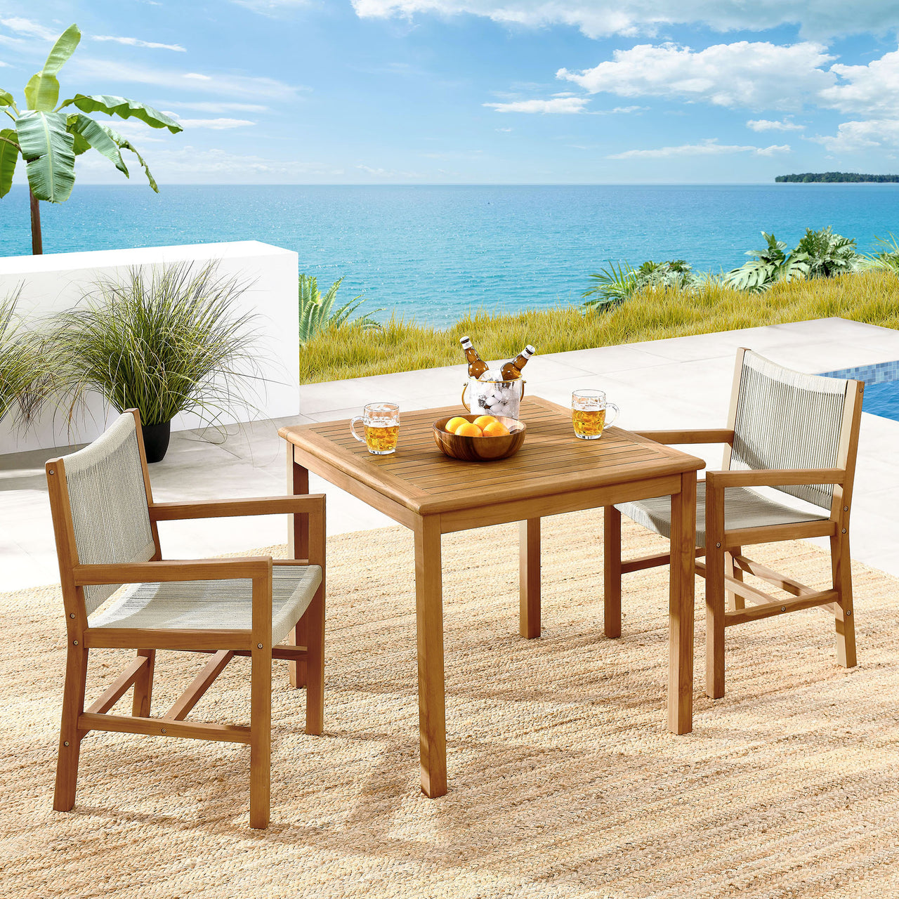 Alvierra 3-Piece Alfresco Teak and Rope Dining Set with Armchairs, Natural Wood