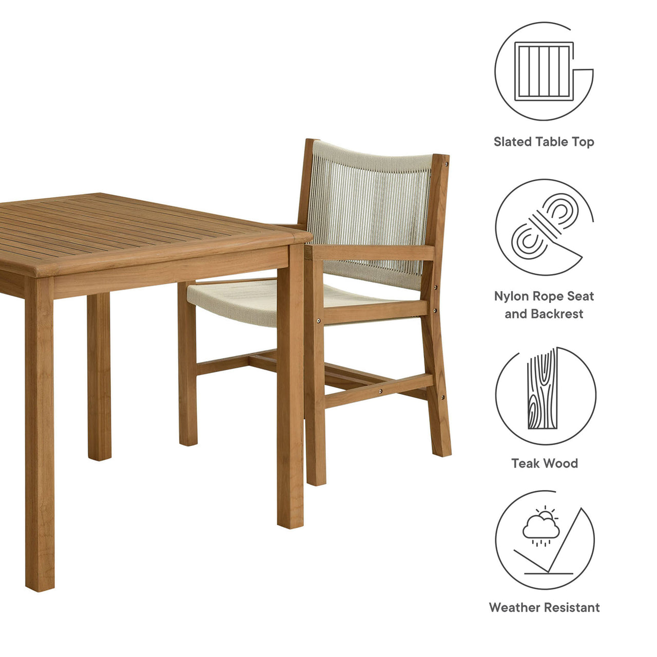 Alvierra 3-Piece Alfresco Teak and Rope Dining Set with Armchairs, Natural Wood