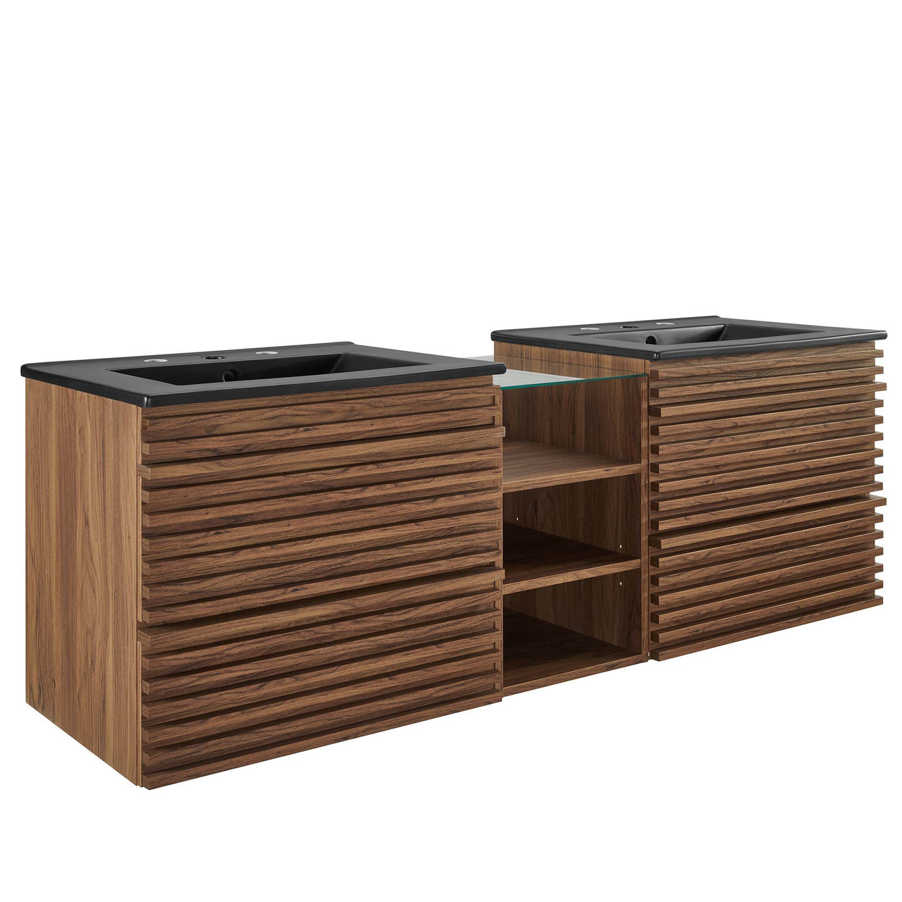 Ventra Floating Double Sink Vanity Unit, XXL, Walnut & Black