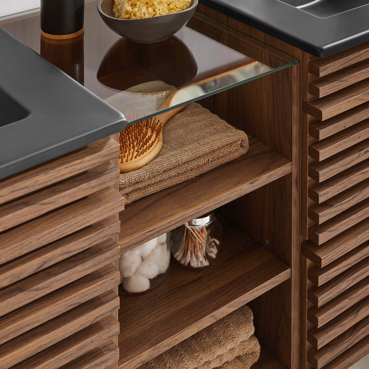 Ventra Floating Double Sink Vanity Unit, XXL, Walnut & Black