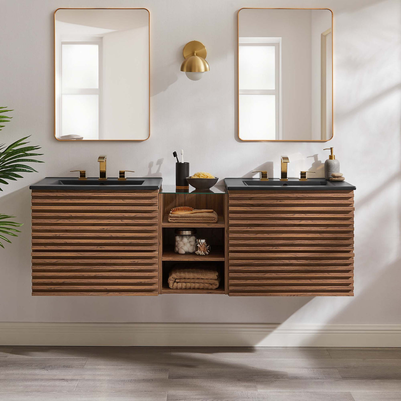 Ventra Floating Double Sink Vanity Unit, XXL, Walnut & Black