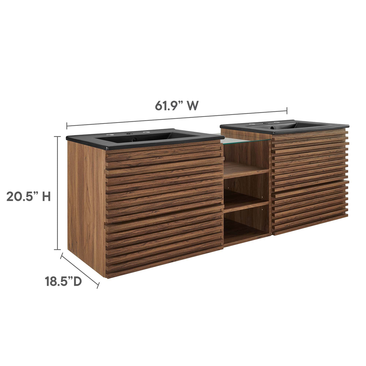 Ventra Floating Double Sink Vanity Unit, XXL, Walnut & Black