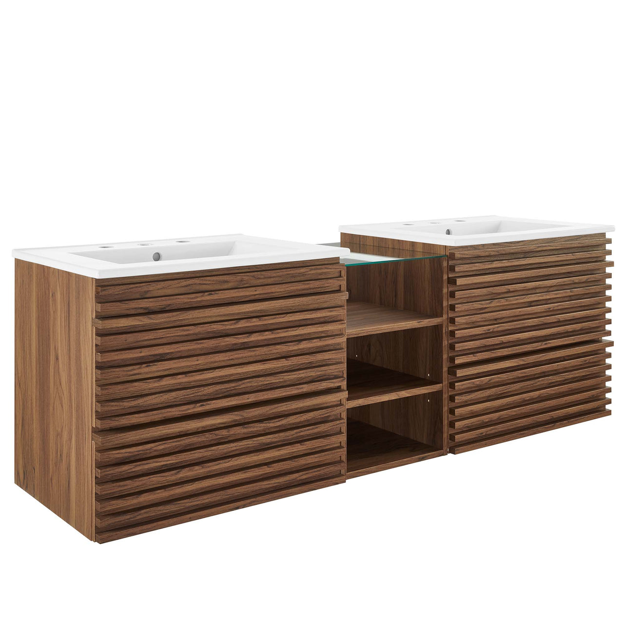 Ventra Floating Double Sink Vanity Unit, XXL, Walnut & White