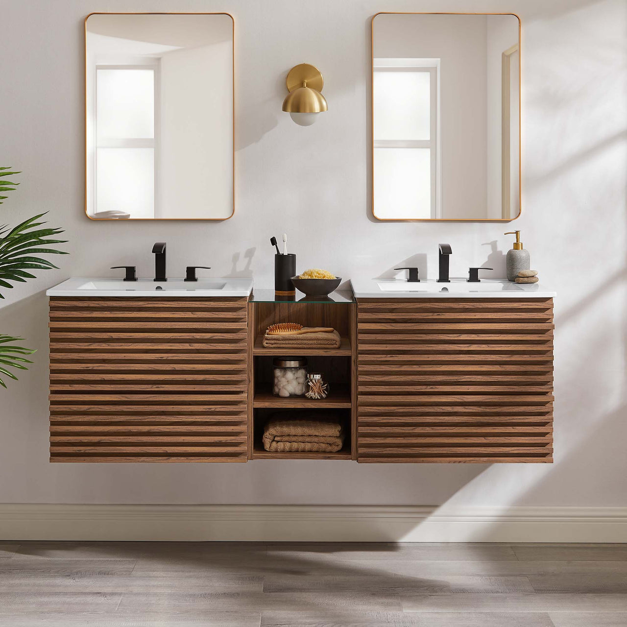 Ventra Floating Double Sink Vanity Unit, XXL, Walnut & White
