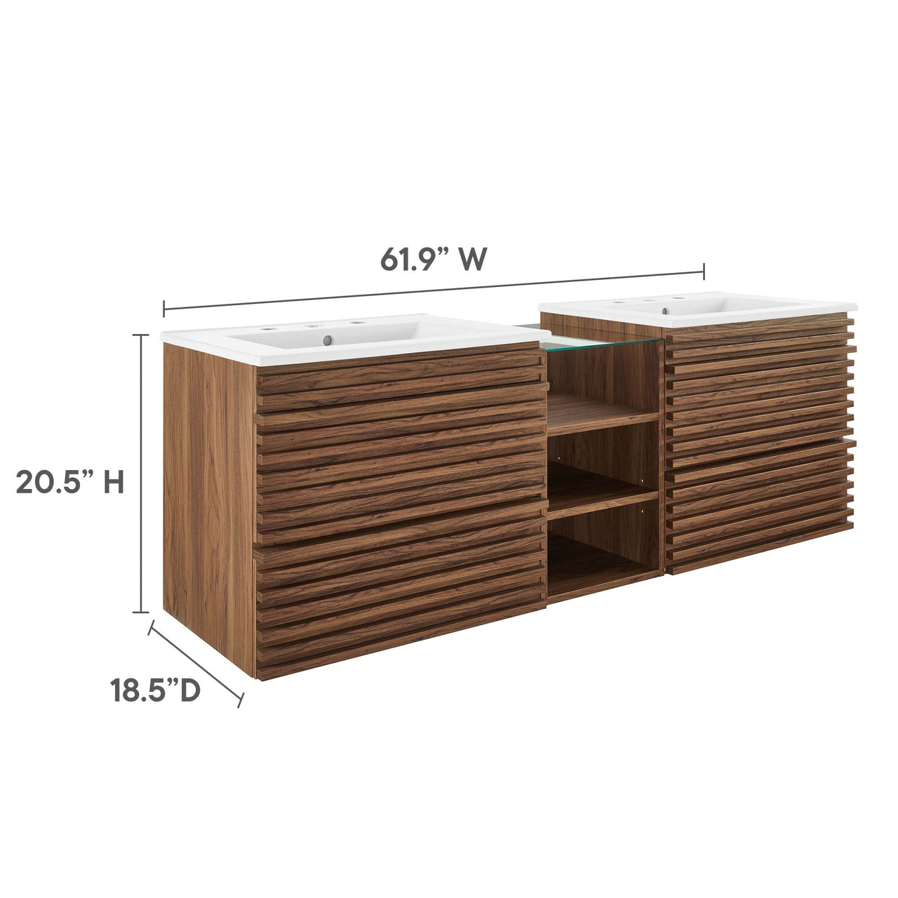 Ventra Floating Double Sink Vanity Unit, XXL, Walnut & White