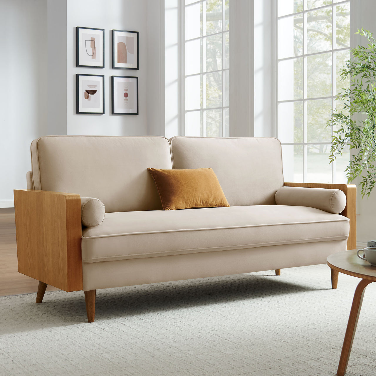 Kieren Upholstered Velvet Sofa, Walnut & Almond