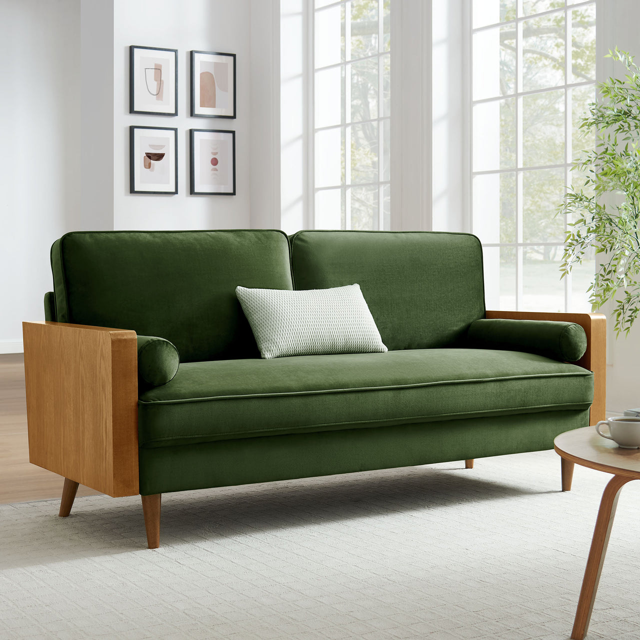 Kieren Upholstered Velvet Sofa, Walnut & Basil