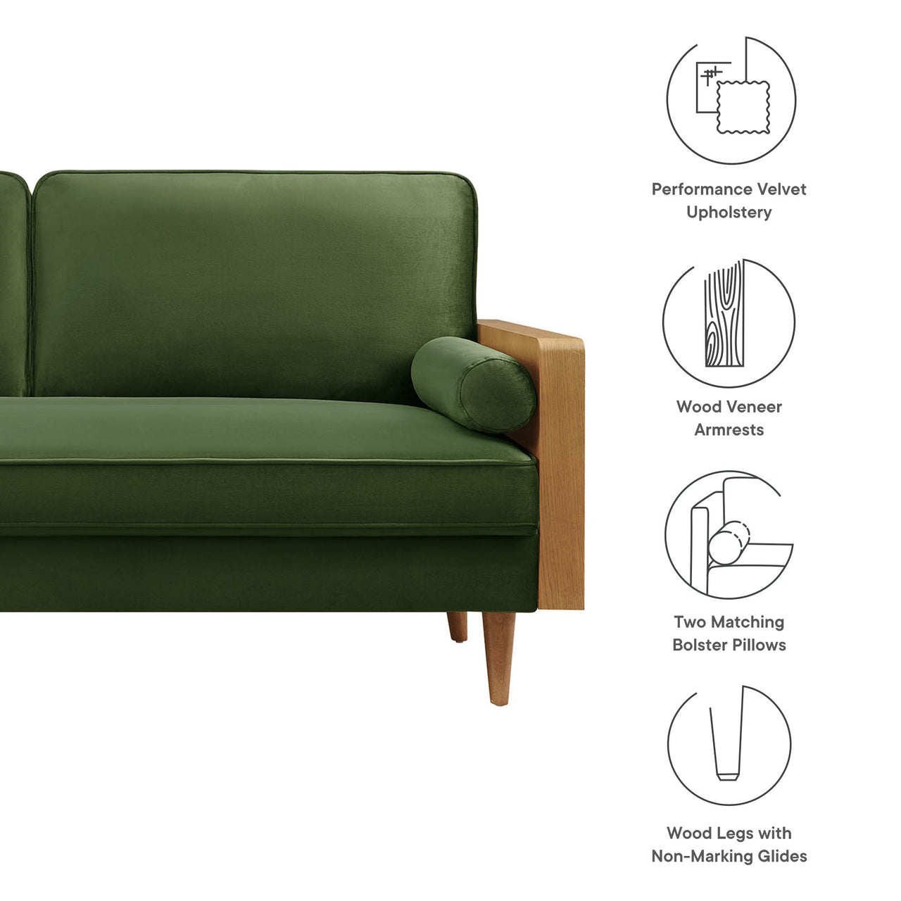 Kieren Upholstered Velvet Sofa, Walnut & Basil