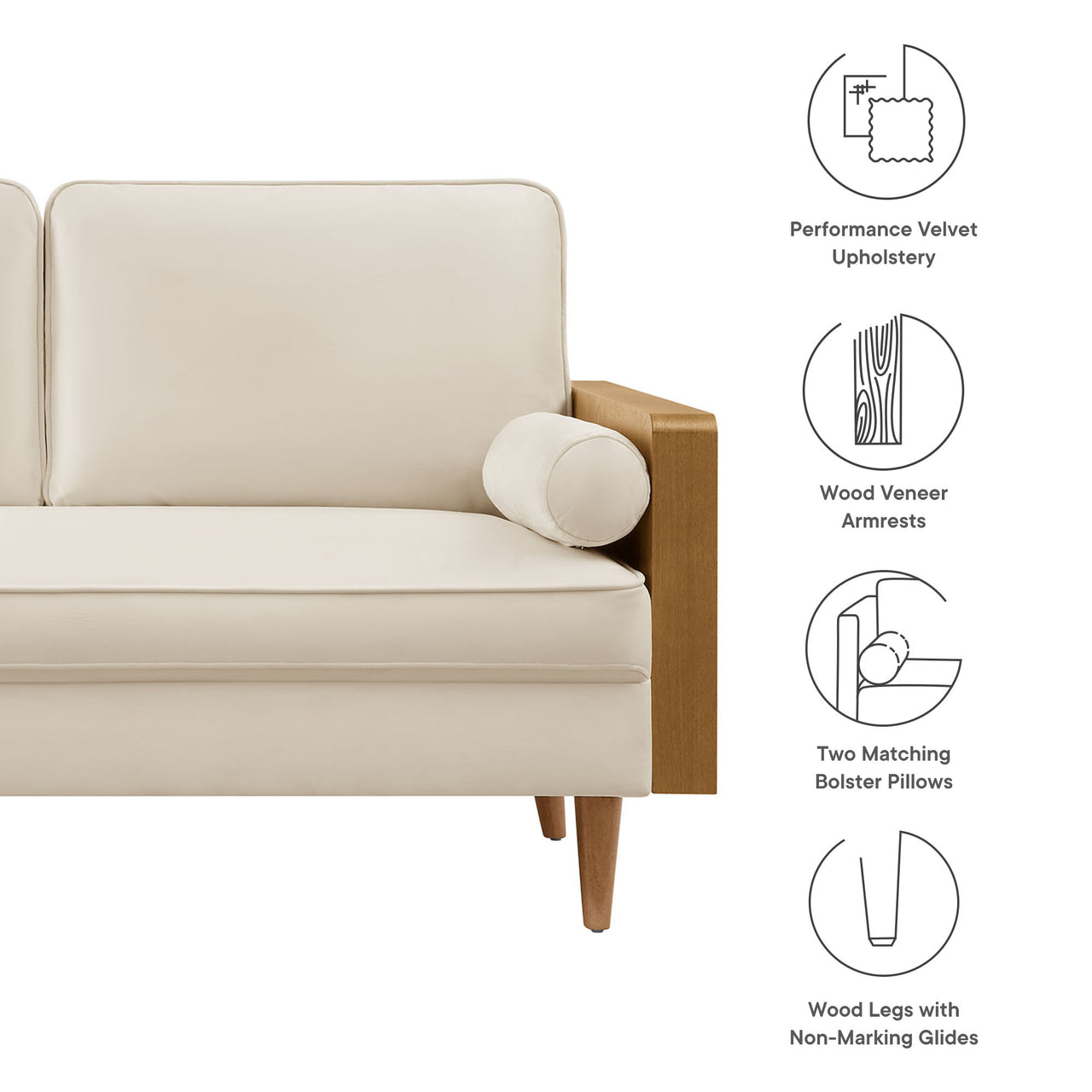 Kieren Upholstered Velvet Loveseat, Walnut & Chalk