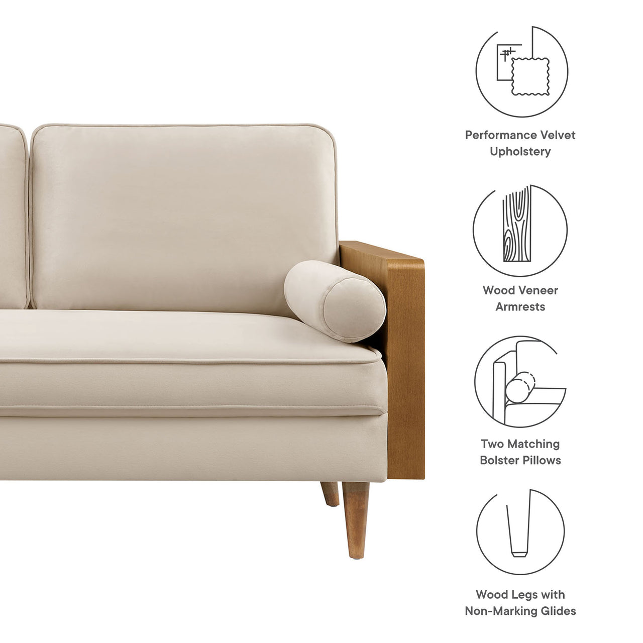 Kieren Upholstered Velvet Loveseat, Walnut & Almond
