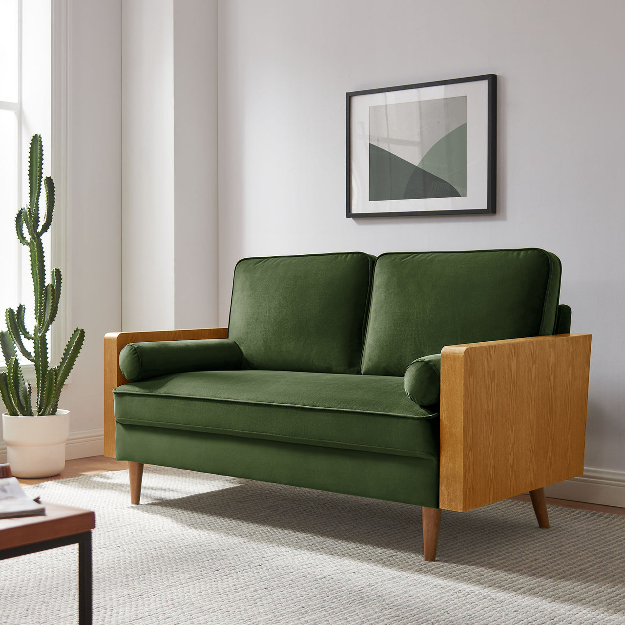 Kieren Upholstered Velvet Loveseat, Walnut & Basil