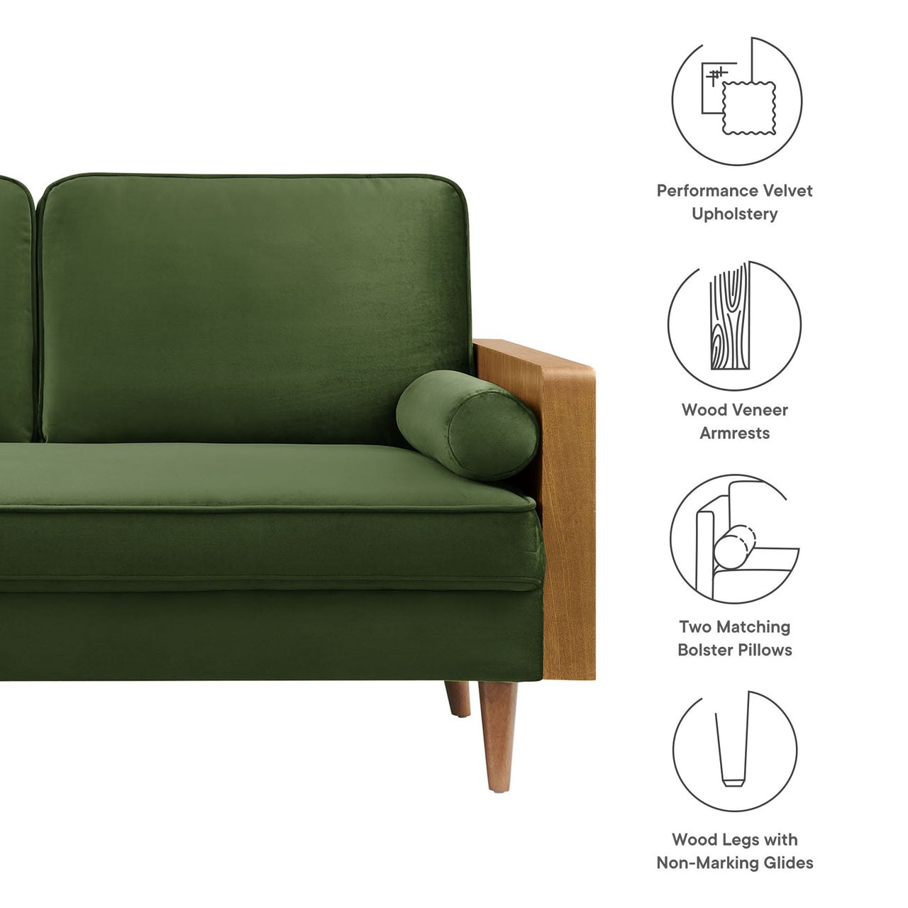 Kieren Upholstered Velvet Loveseat, Walnut & Basil