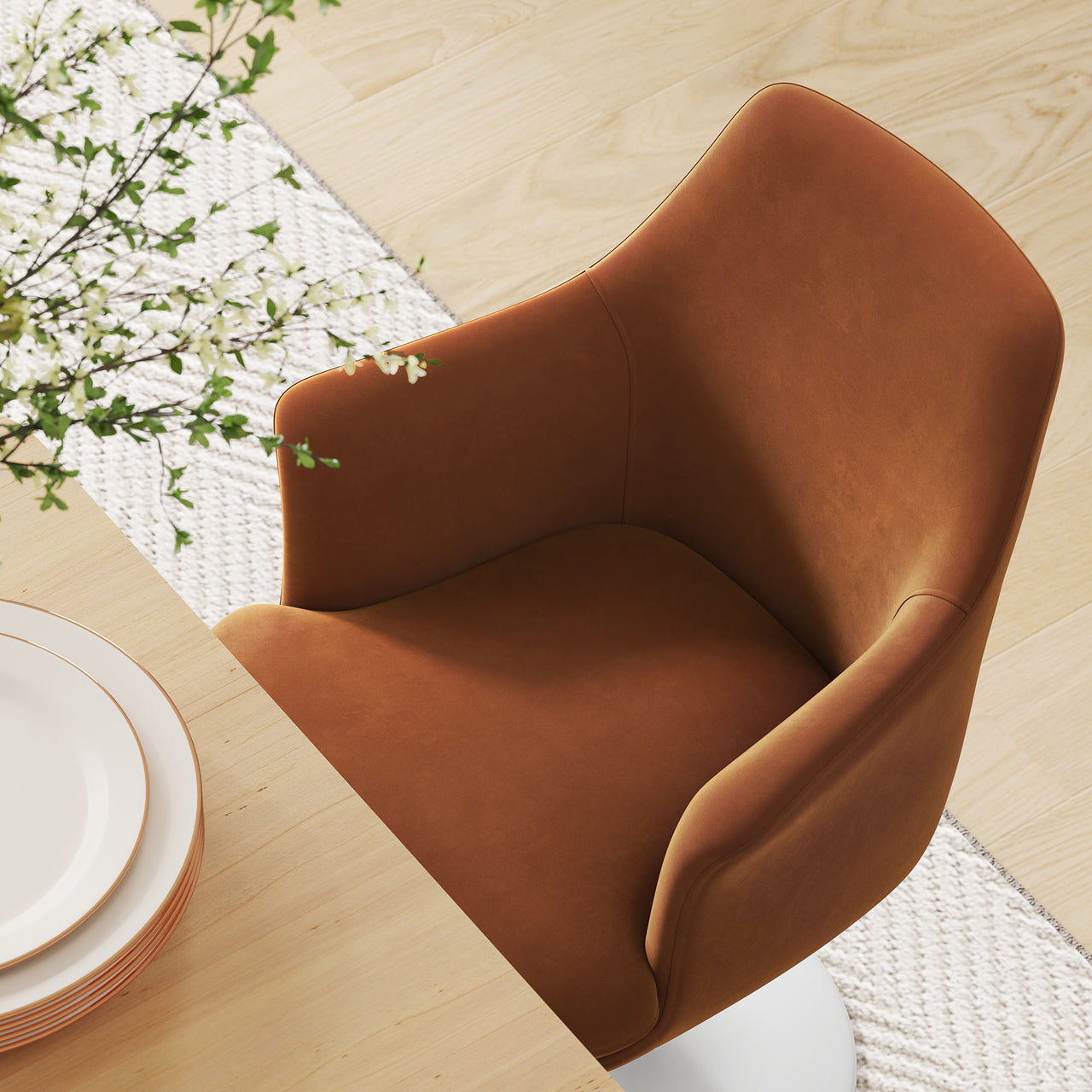 Ensemble Swivel Velvet Armchair, White & Terracotta