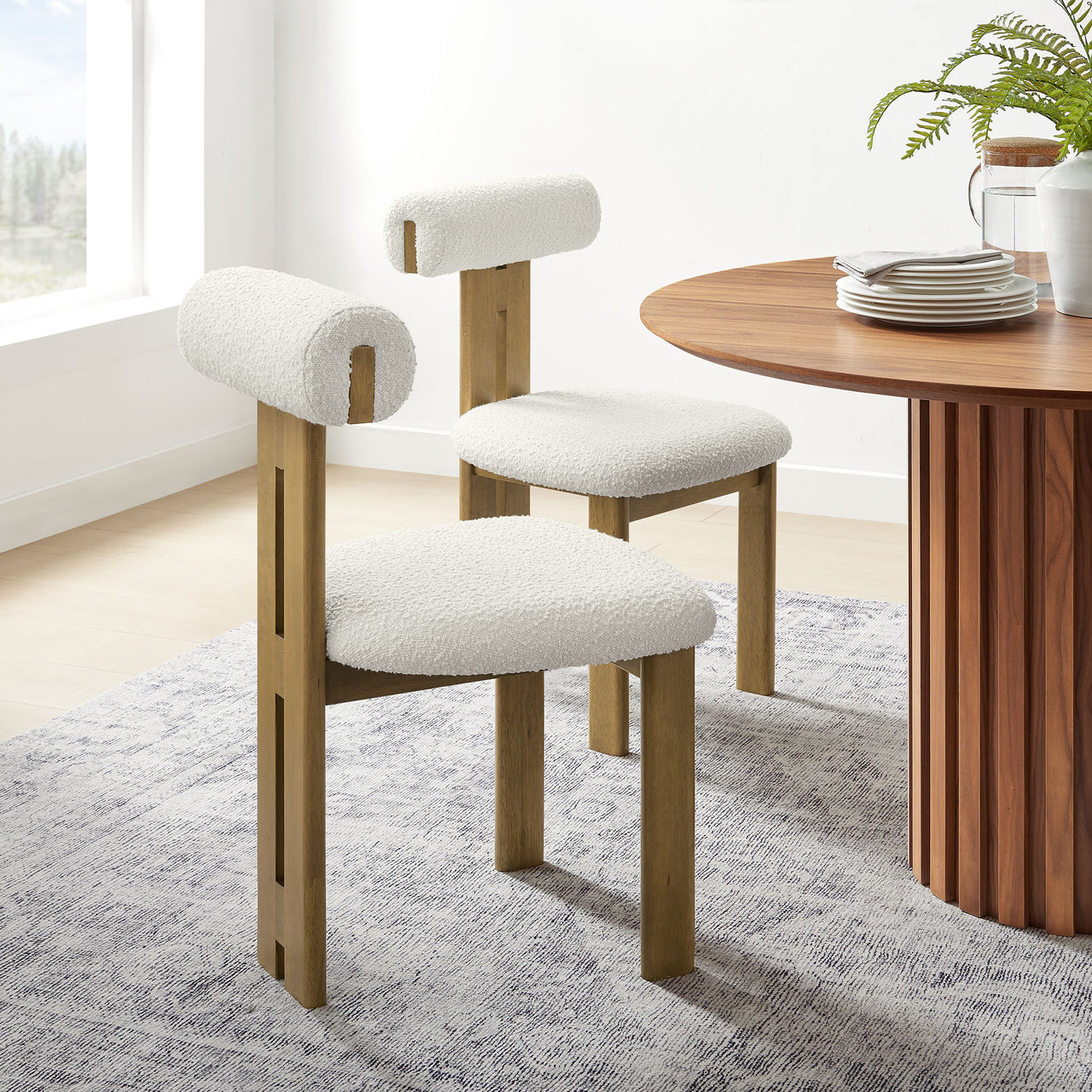 Tolby Boucle Dining Chair Set of 2, Oak & Ivory