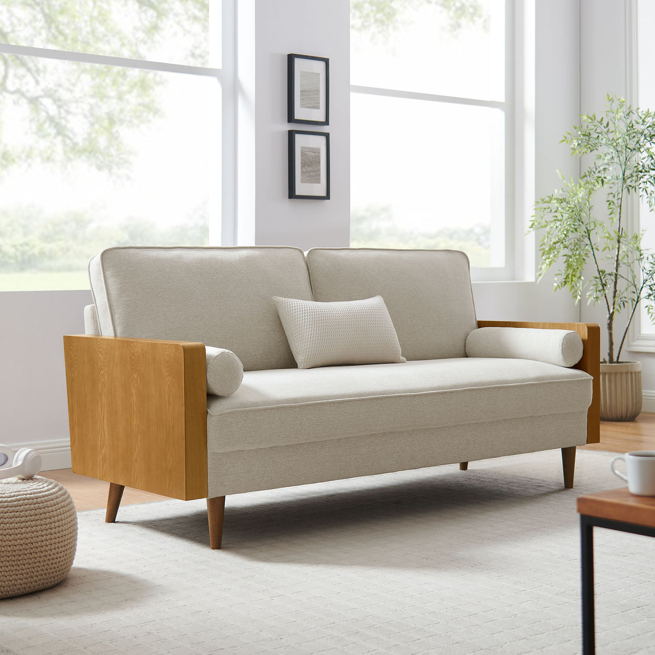 Kieren Upholstered Fabric Sofa, Walnut & Light Beige