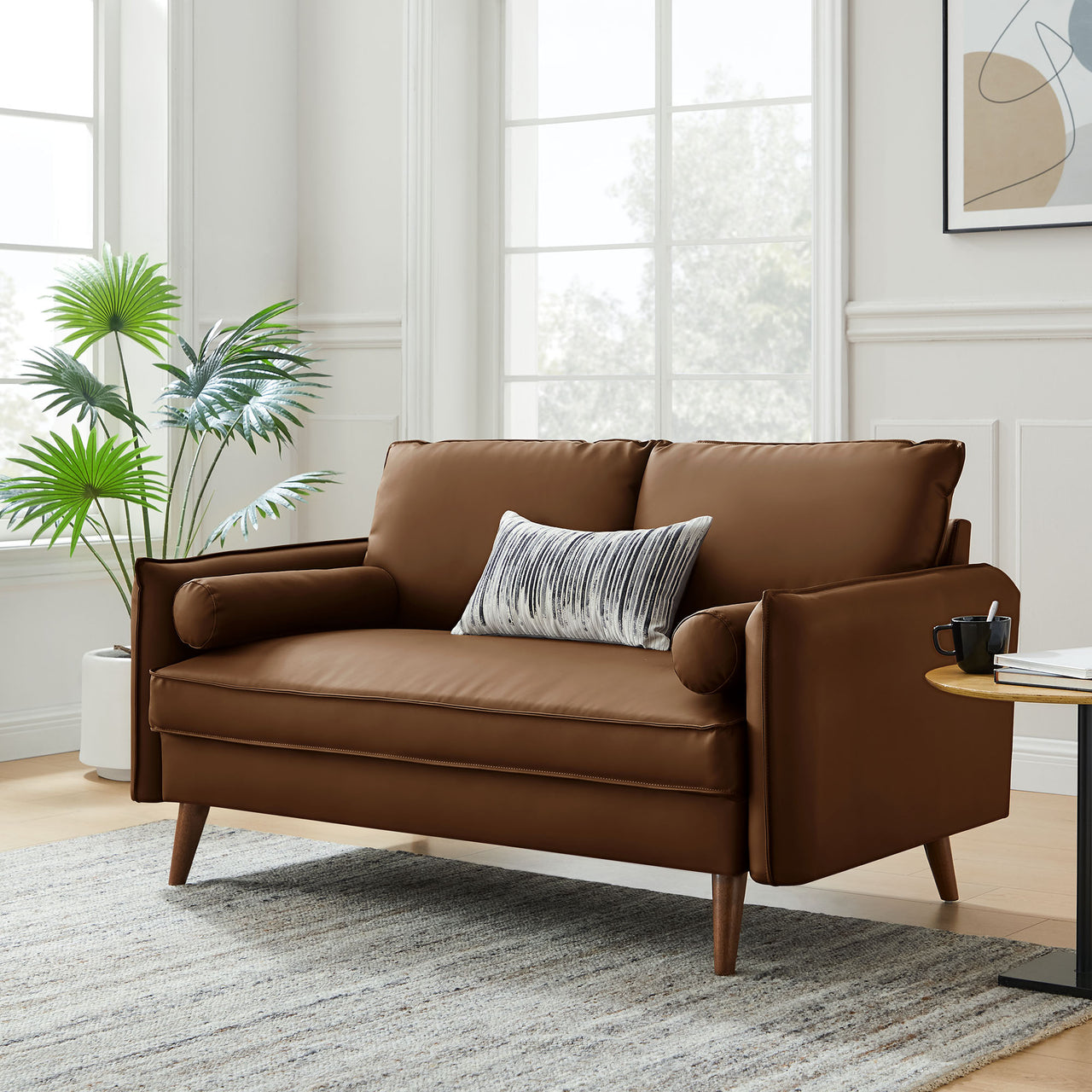Marindi Plush Eco-Leather Loveseat, Brown