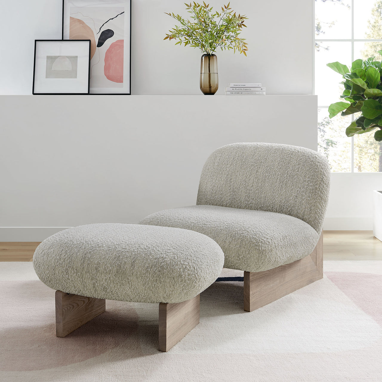 Claudora Boucle Lounger w/ Ottoman, Ivory & Oak