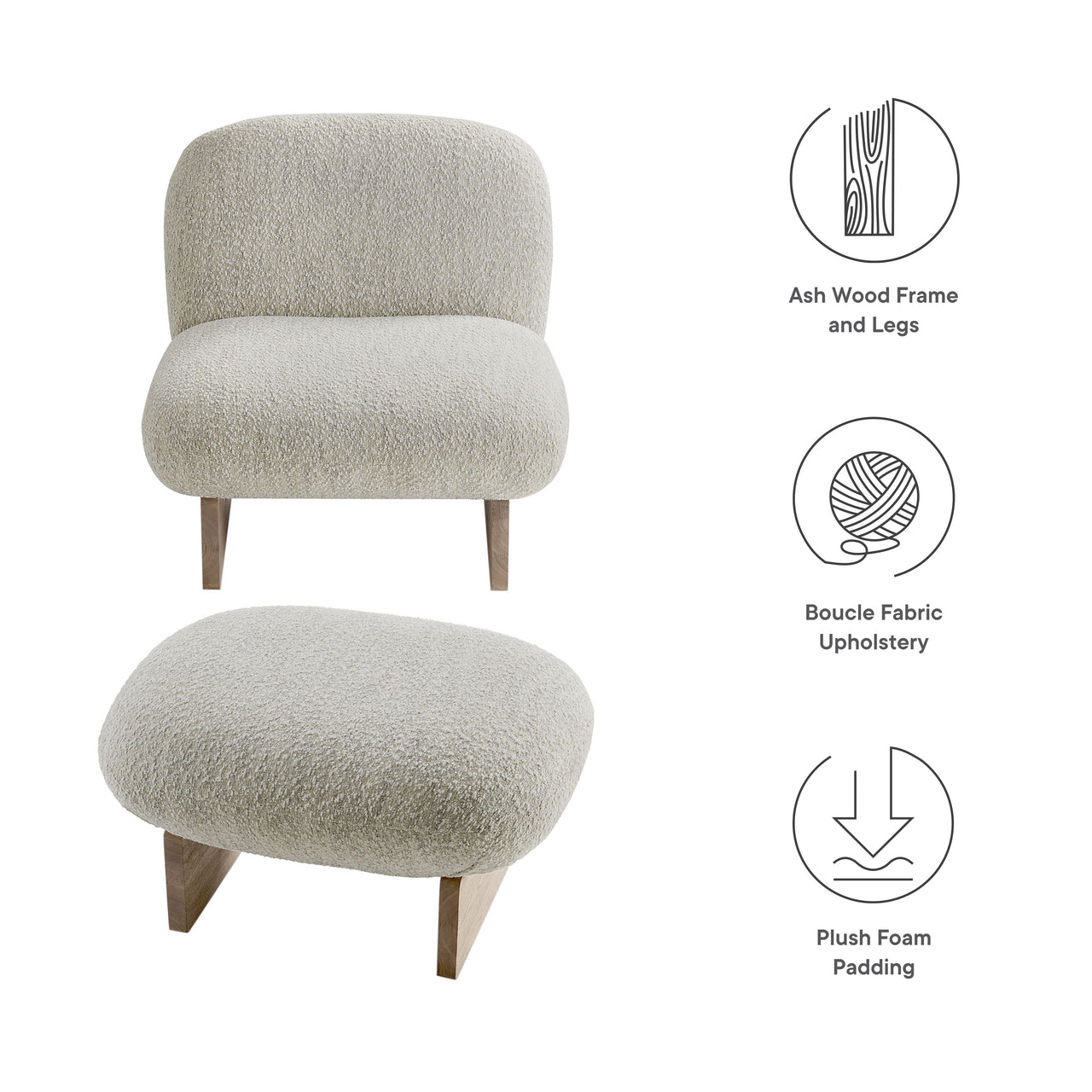 Claudora Boucle Lounger w/ Ottoman, Ivory & Oak