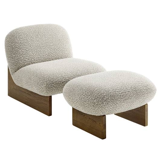 Claudora Boucle Lounger w/ Ottoman, Light Gray & Walnut