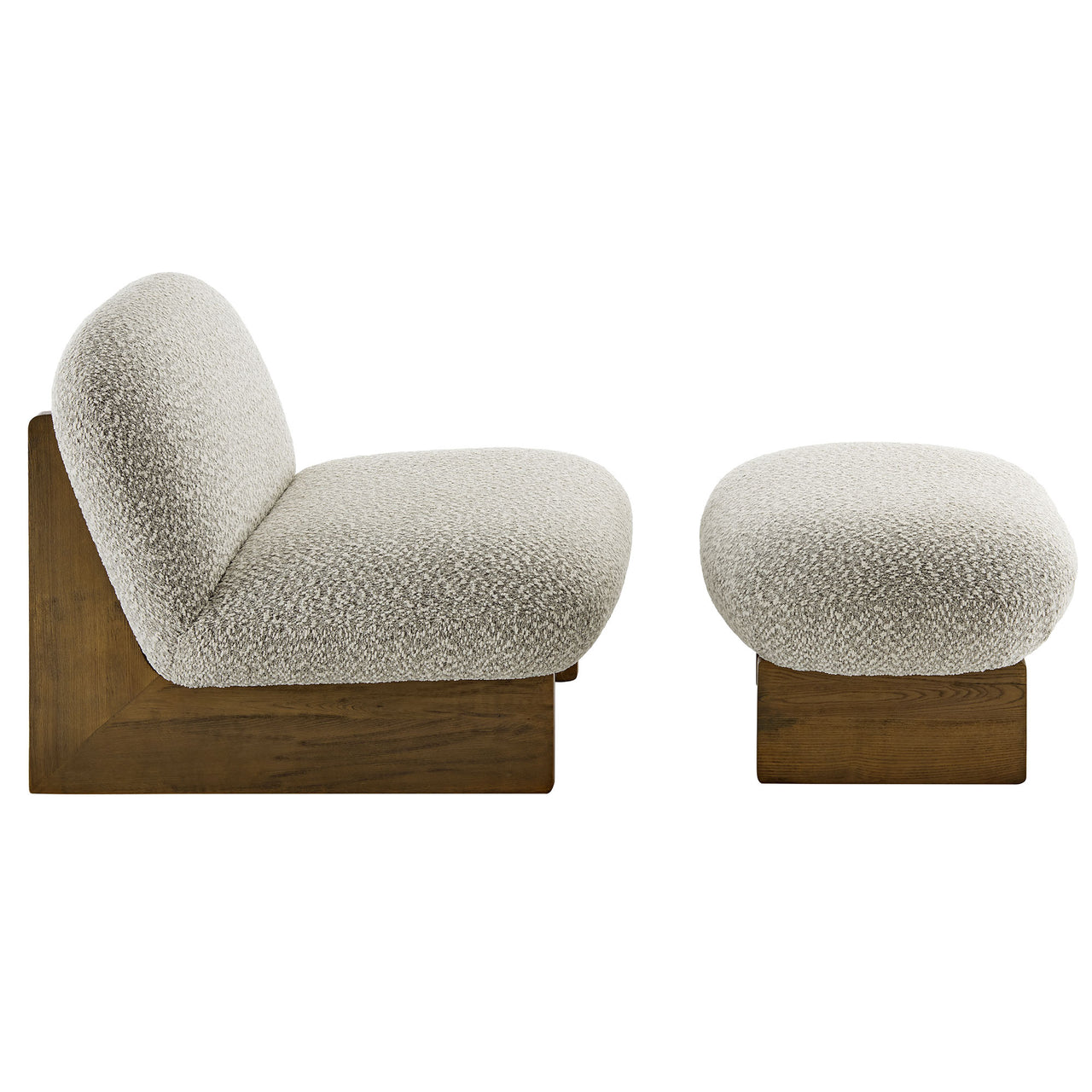 Claudora Boucle Lounger w/ Ottoman, Light Gray & Walnut