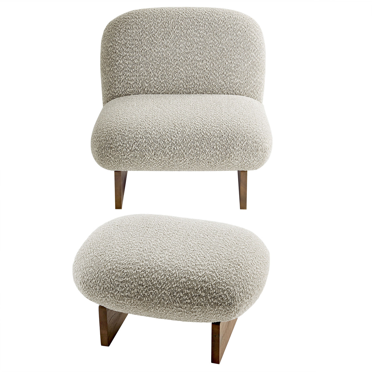 Claudora Boucle Lounger w/ Ottoman, Light Gray & Walnut