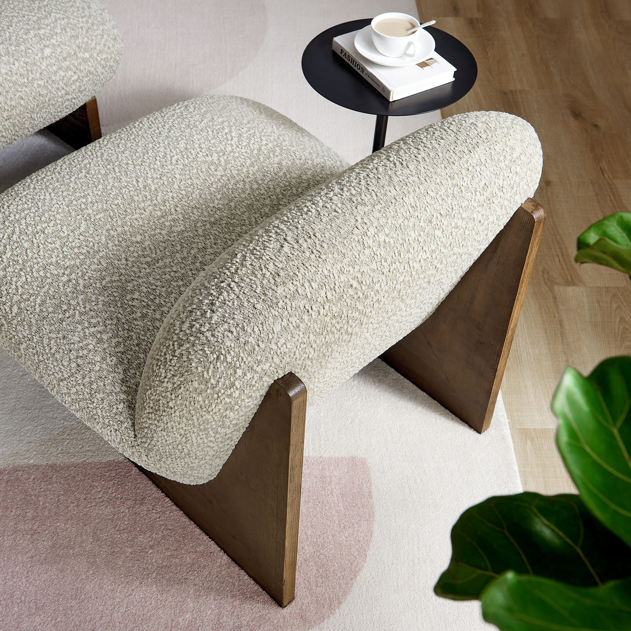 Claudora Boucle Lounger w/ Ottoman, Light Gray & Walnut