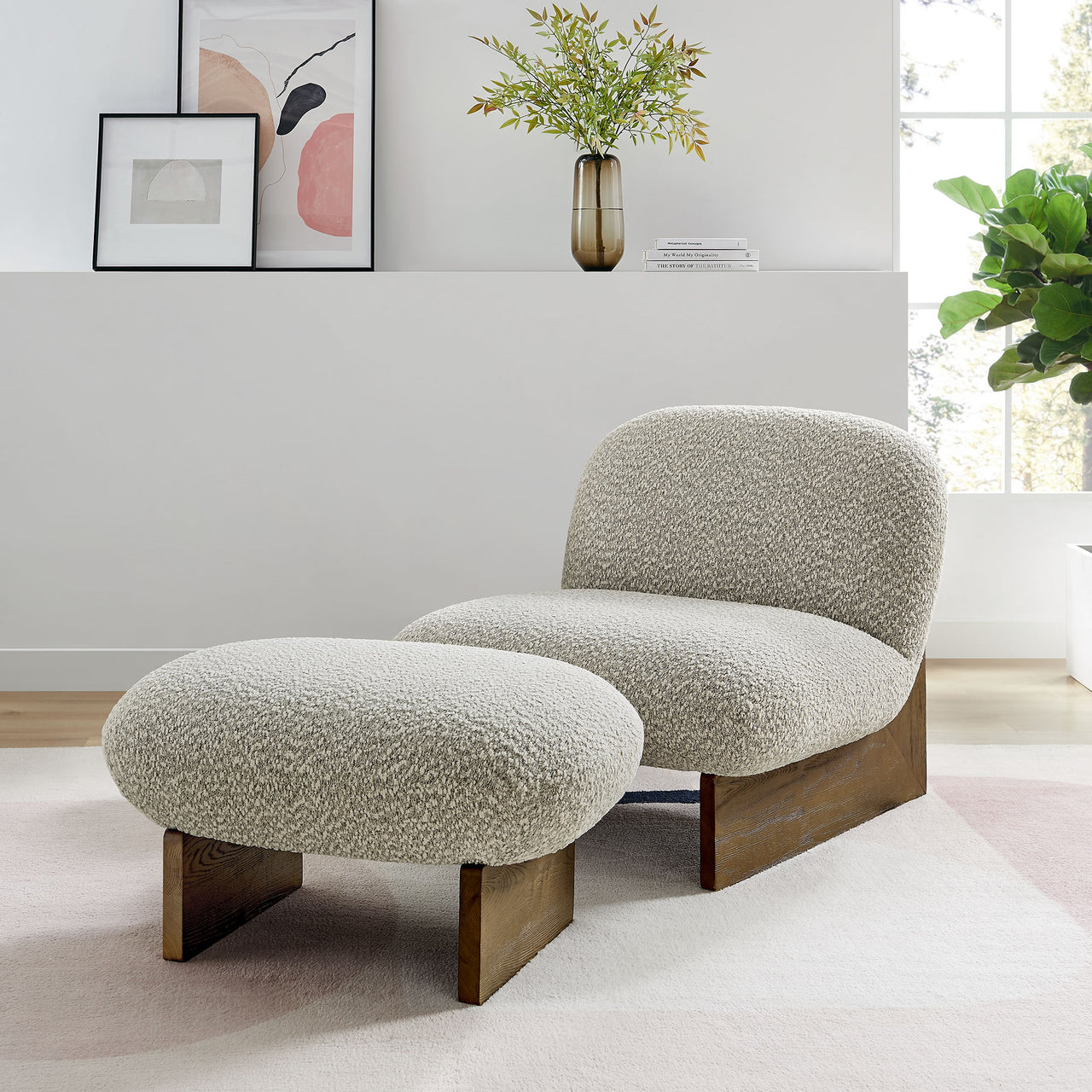 Claudora Boucle Lounger w/ Ottoman, Light Gray & Walnut