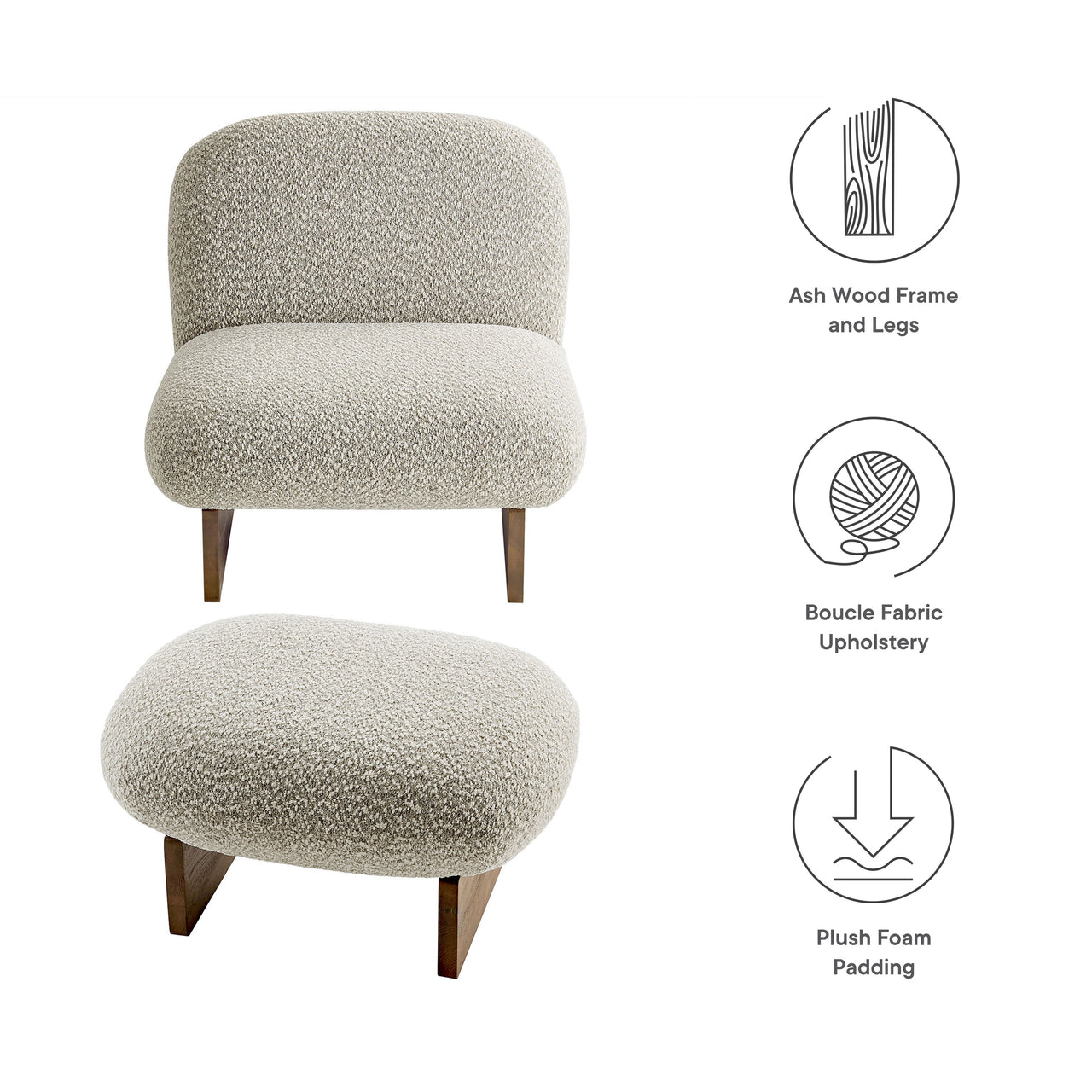 Claudora Boucle Lounger w/ Ottoman, Light Gray & Walnut