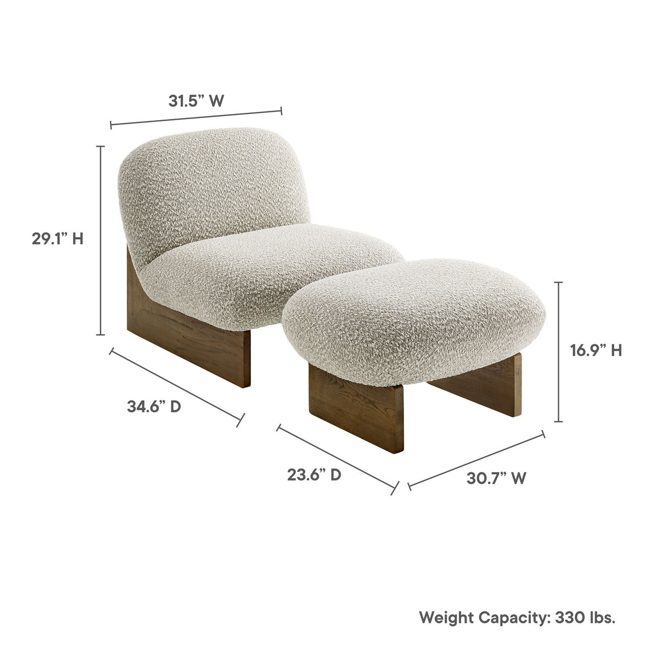 Claudora Boucle Lounger w/ Ottoman, Light Gray & Walnut
