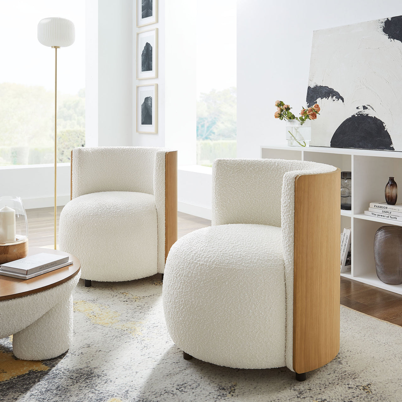 Calriane Boucle Accent Chair, Natural Wood & Ivory