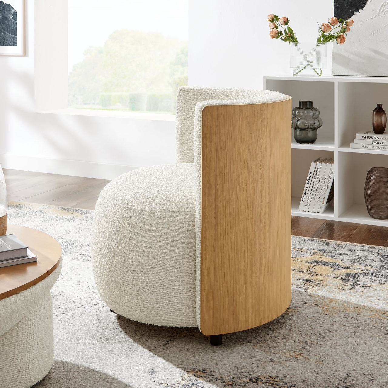 Calriane Boucle Accent Chair, Natural Wood & Ivory