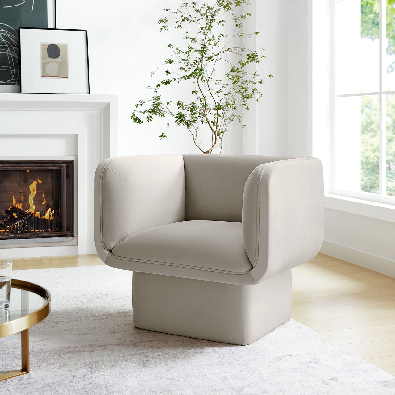 Quadrant Upholstered Velvet Accent Chair, Almond