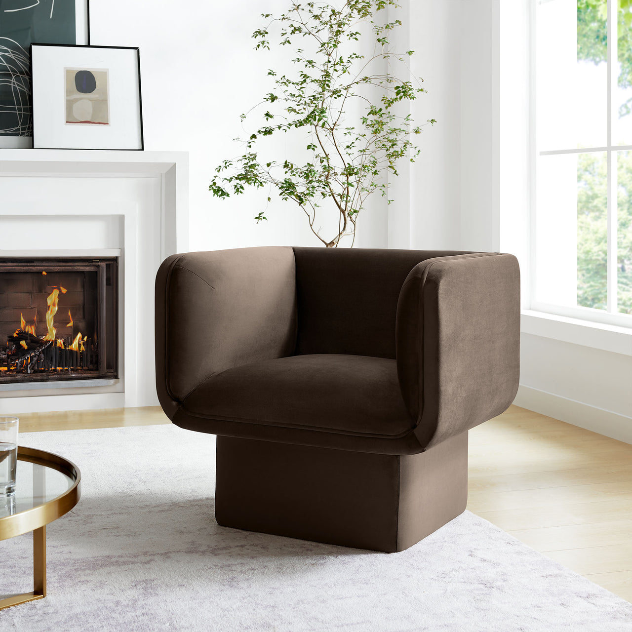 Quadrant Upholstered Velvet Accent Chair, Chocolate Brown