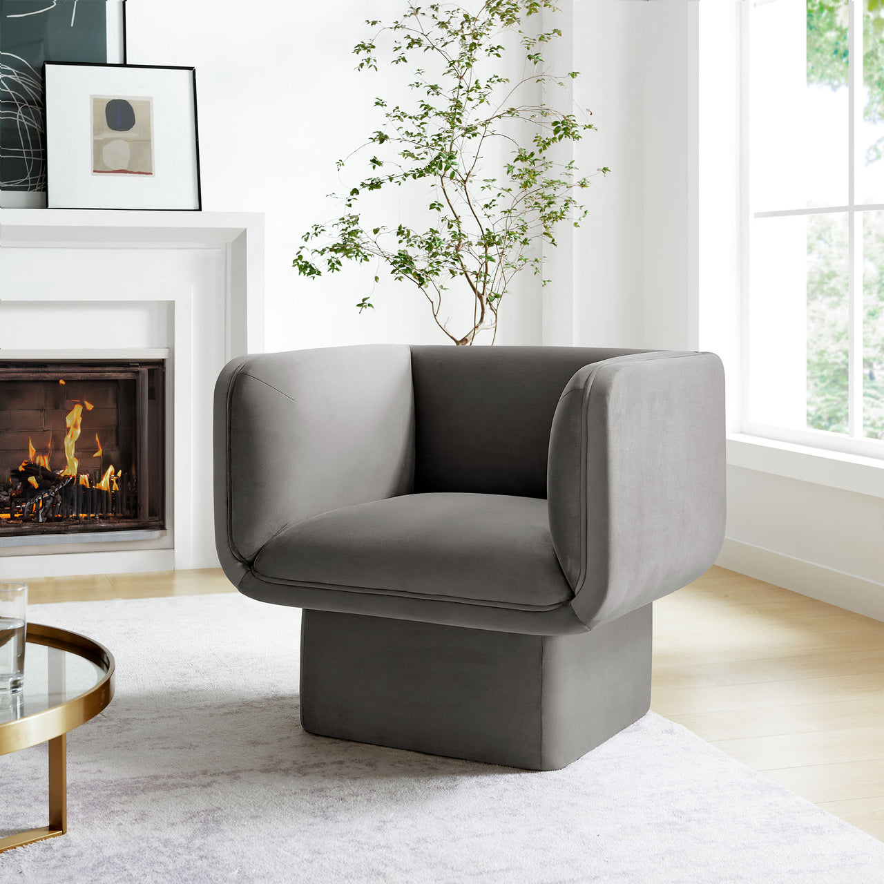 Quadrant Upholstered Velvet Accent Chair, Charcoal