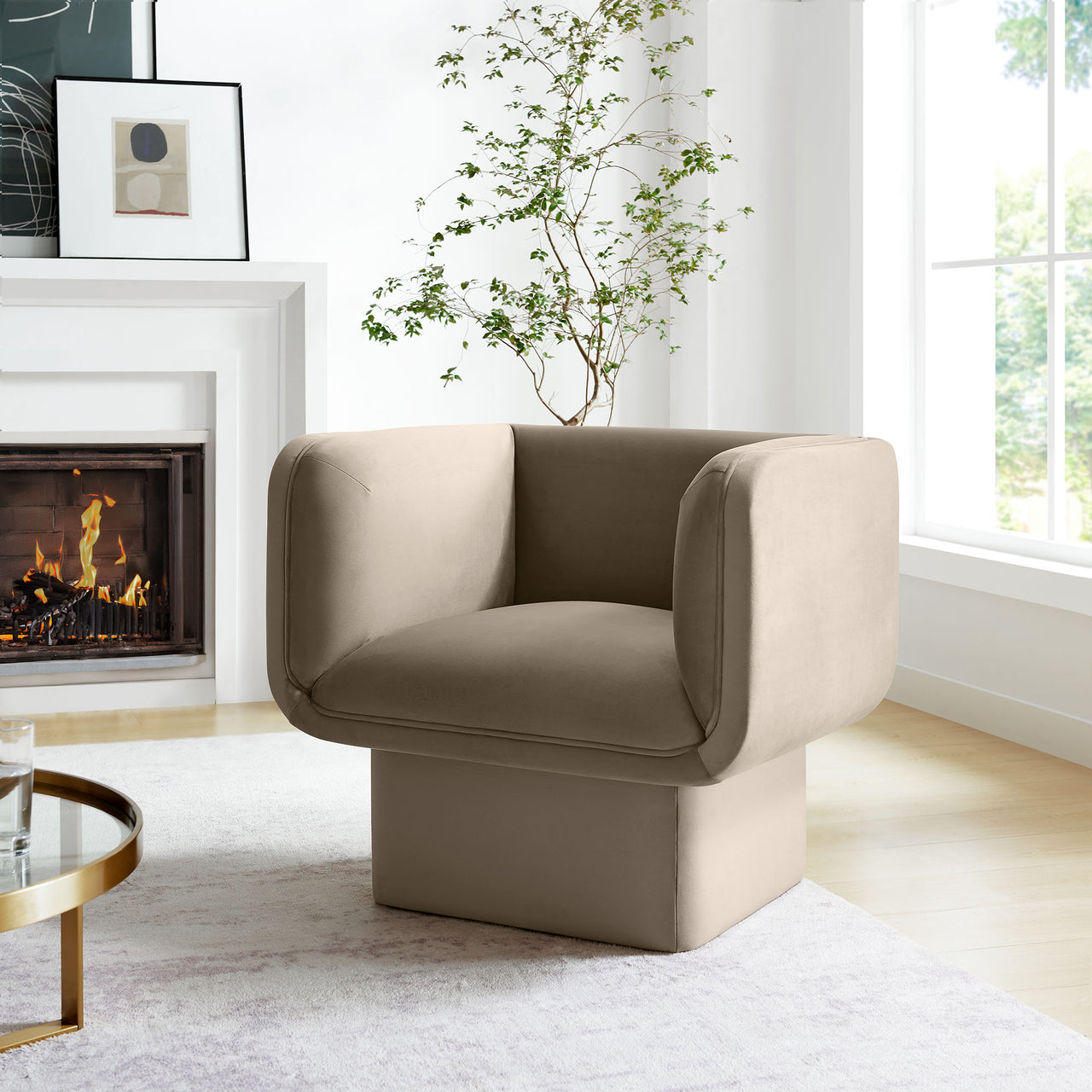 Quadrant Upholstered Velvet Accent Chair, Taupe