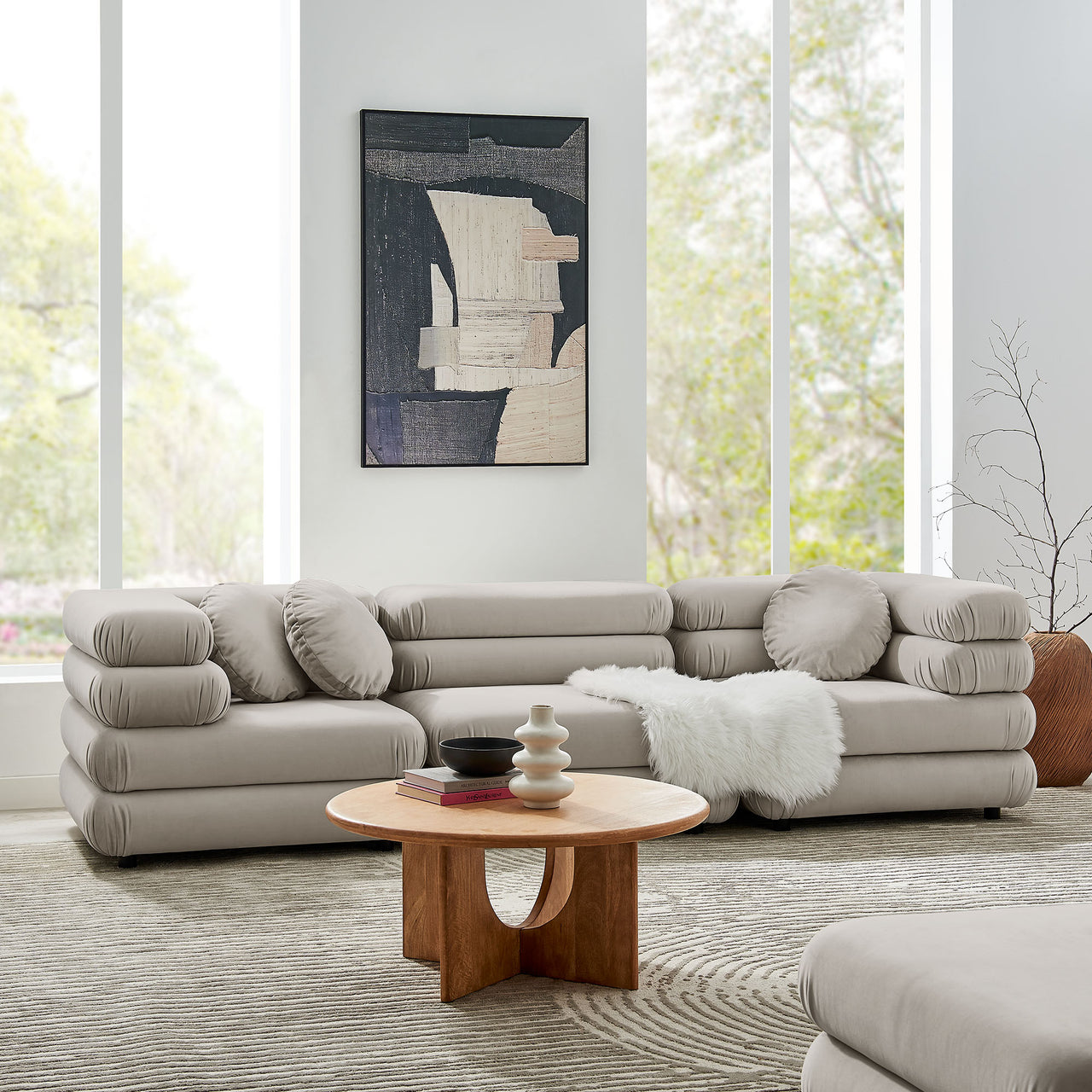 Strata 3-Piece Upholstered Velvet Modular Sectional, Almond