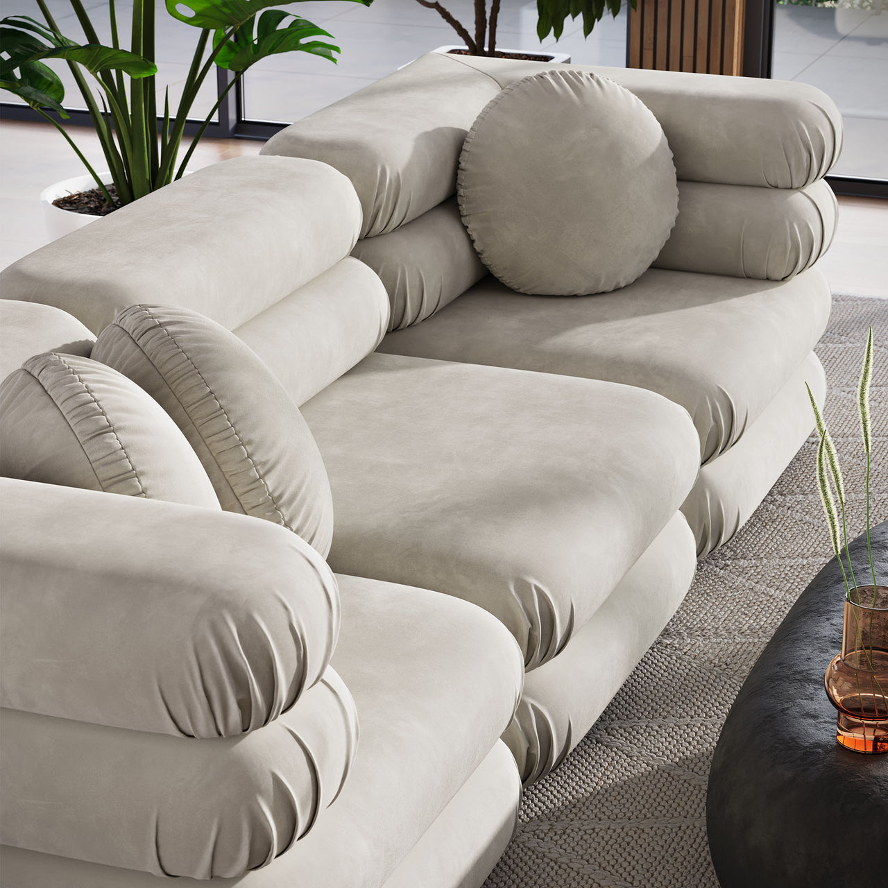 Strata 3-Piece Upholstered Velvet Modular Sectional, Almond