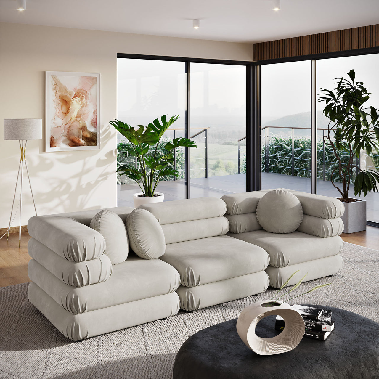 Strata 3-Piece Upholstered Velvet Modular Sectional, Almond