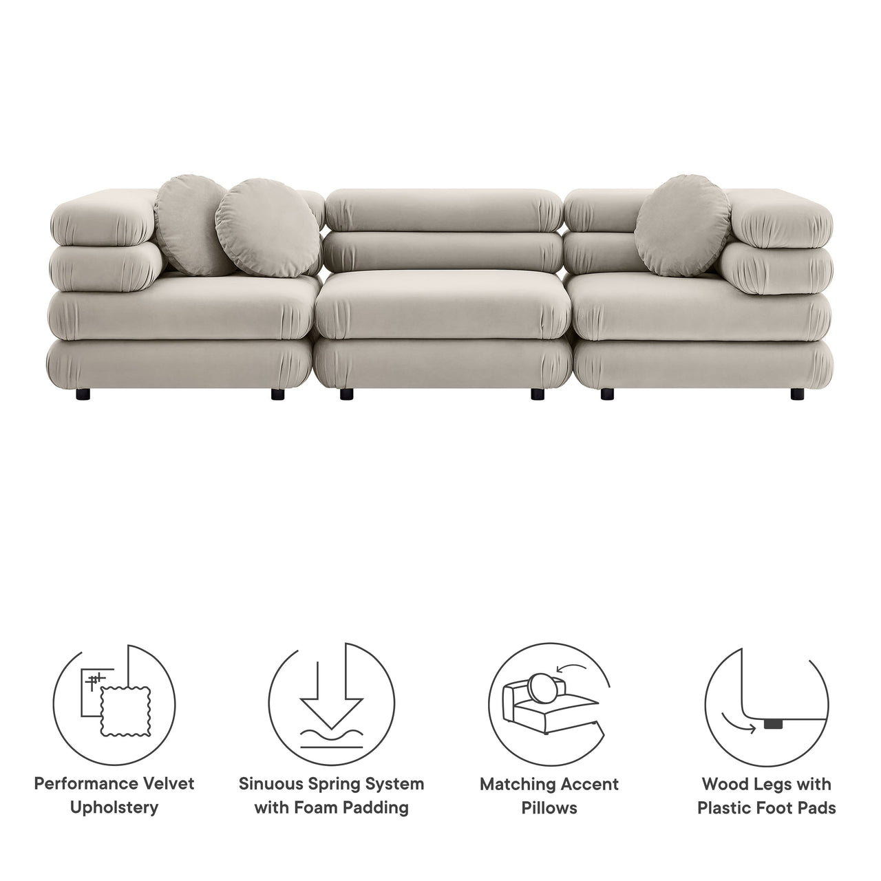 Strata 3-Piece Upholstered Velvet Modular Sectional, Almond