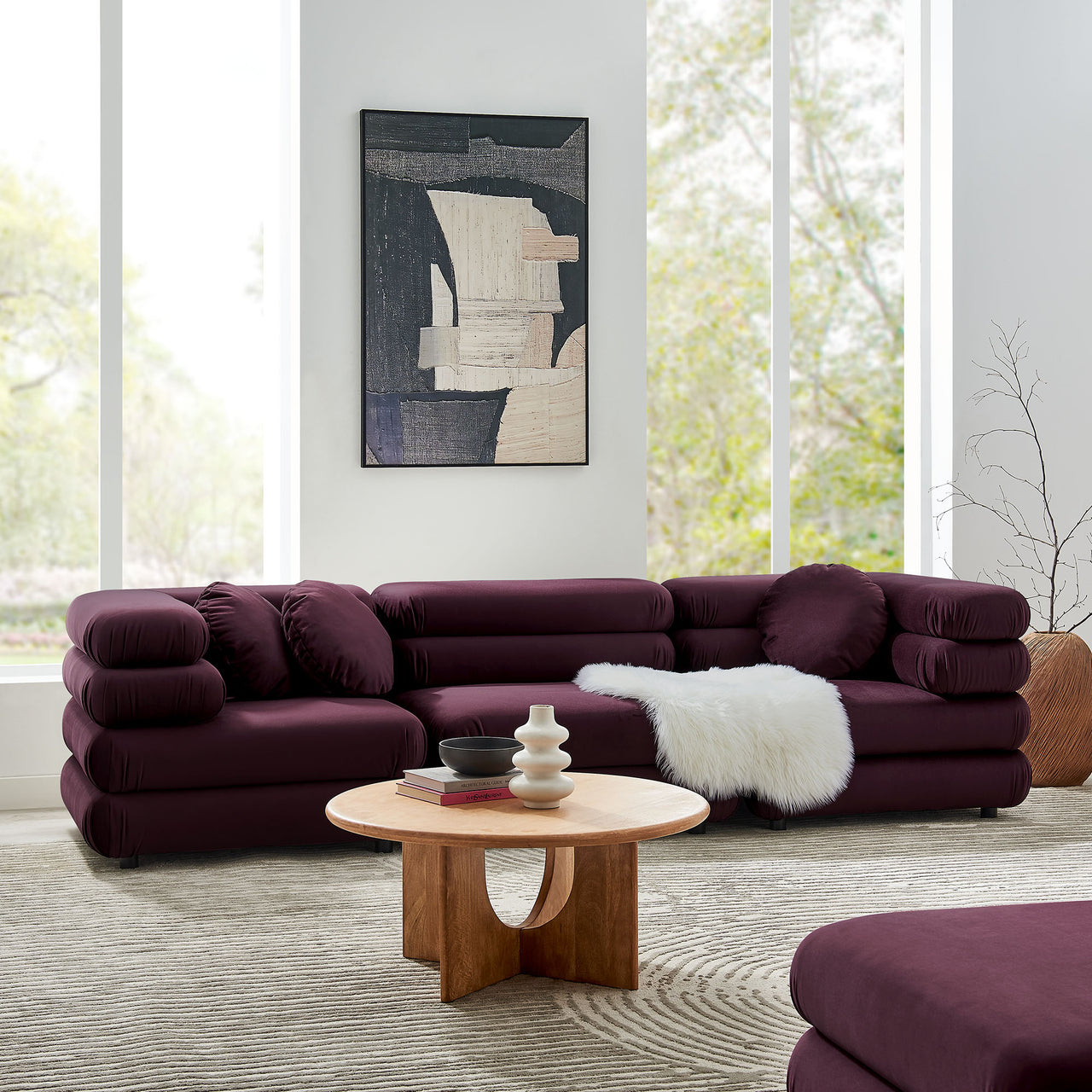 Strata 3-Piece Upholstered Velvet Modular Sectional, Wine