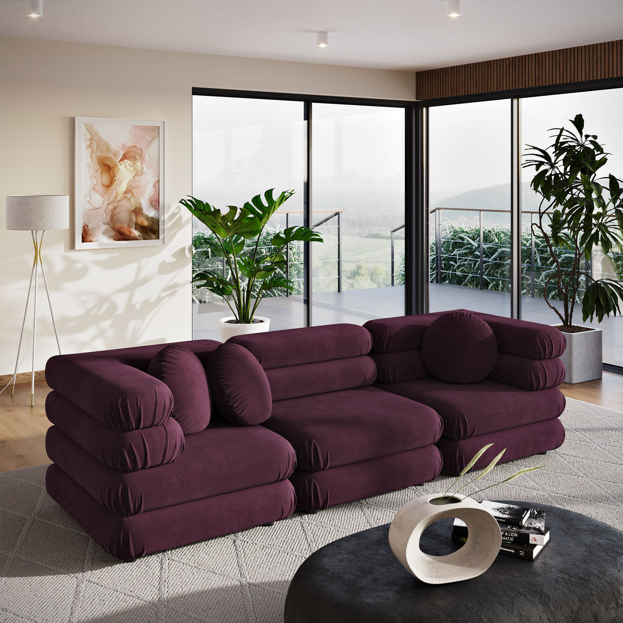 Strata 3-Piece Upholstered Velvet Modular Sectional, Wine