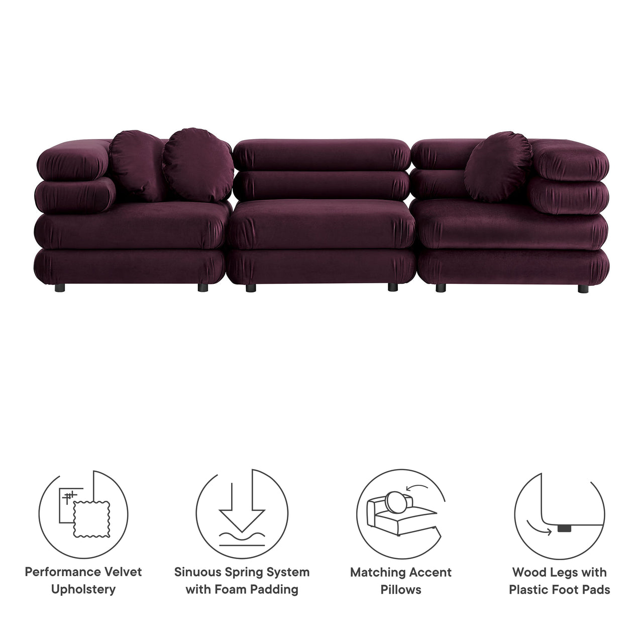 Strata 3-Piece Upholstered Velvet Modular Sectional, Wine
